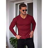 Casual T-Shirts for Men Men Neck Rib Knit Tee SCOOVY (Color : Burgundy, Size : Medium)