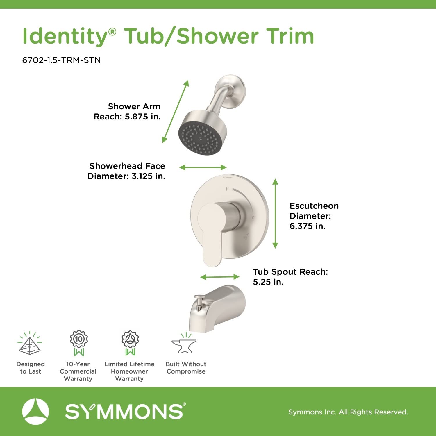 Symmons 6702-1.5-TRM-STN Identity Single Handle 1-Spray Tub and Shower Faucet Trim in Satin Nickel - 1.5 GPM (Valve Not Included)