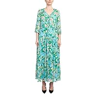 Scoop Neck Back Zipper Sleeveless Floral Midi Dress with Matching Chiffon Jacket Turquoise Multi / 4