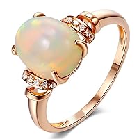 Vintage Genuine Opal Gemstone Engagement Oval Wedding Diamond Band Ring Anniversary Solid 14K Rose Gold for Women