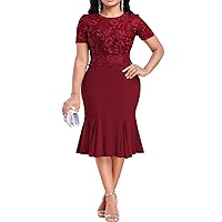 Lace Embroidery Bodycon Cocktail Party Midi Dress for Womens Plus Size Short Sleeve Mermaid Wedding Guest Dress