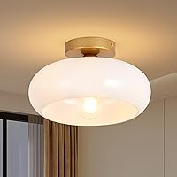 Mid-Century Modern Gold Semi Flush Mount Ceiling Light, Kitchen Ceiling Light Fixture with Glass Shade, Vintage White Close to Ceiling Lamp for Entryway Hallway Bathroom (11.0 Inch)