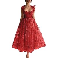 Basgute Tulle Tea Length Prom Dresses for Teens 3D Butterfly Lace Applique A Line Formal Evening Party Gown for Women