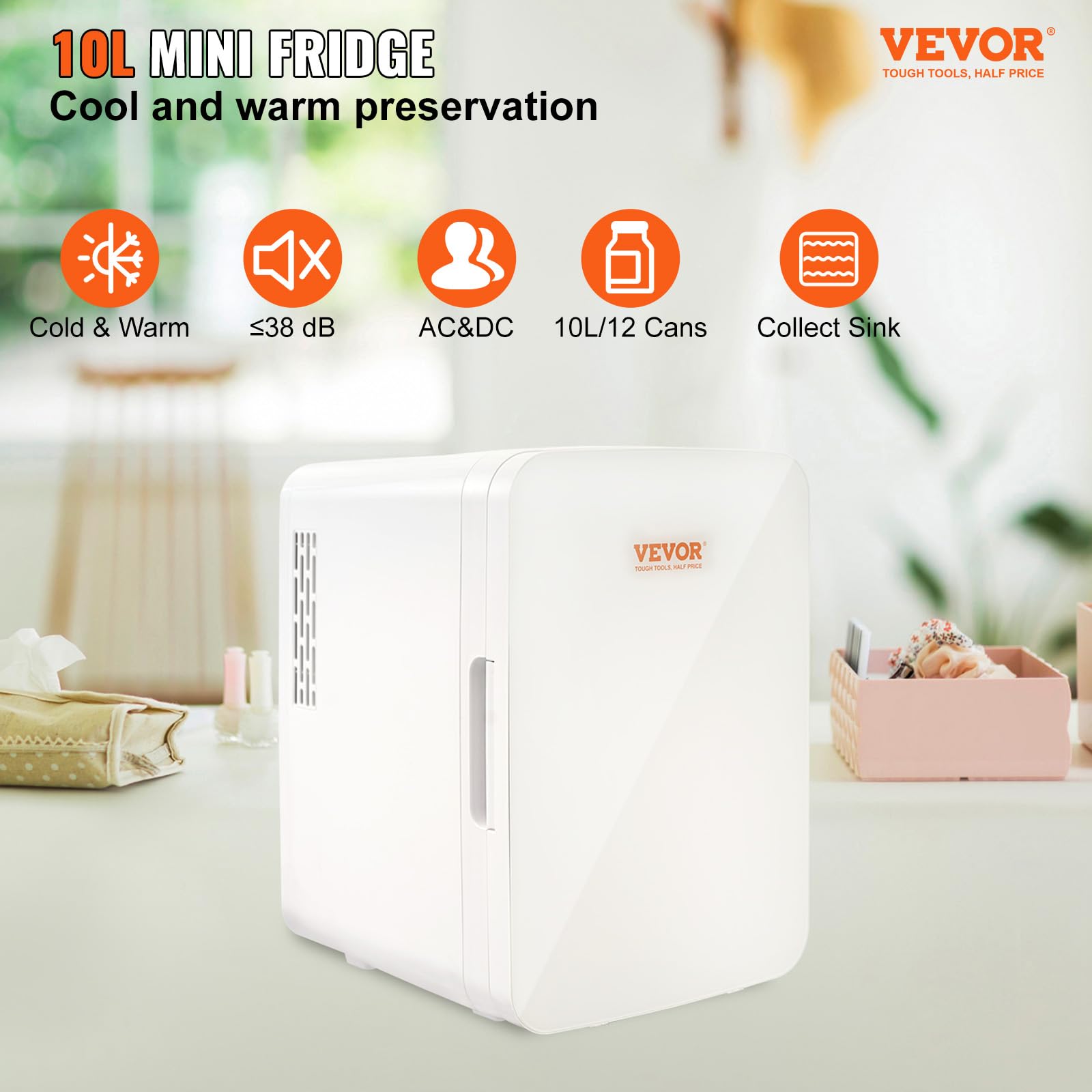 VEVOR Mini Fridge 10L/12 Can Luxury Skin Care Refrigerator, Small Beverage Cooling for Bedroom Office Dorm Car Travel AC/DC Cooler & Heat for Foods, Drink, Breast Milk Storage & Chill, White
