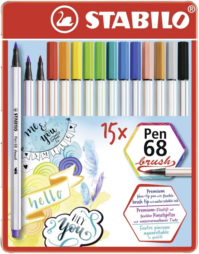 STABILO Premium Fiber-Tip Pen with Brush Tip Pen 68 brush - Tin of 15 - Assorted Colors