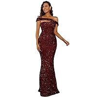 Dresses for Women - Asymmetrical Neck Sequin Prom Dress (Color : Maroon, Size : Large)