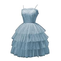 Women's Green Sparkly Tulle Short Homecoming Dress Spaghetti Strap Tiered Mini Cocktail Dresses Prom Gowns