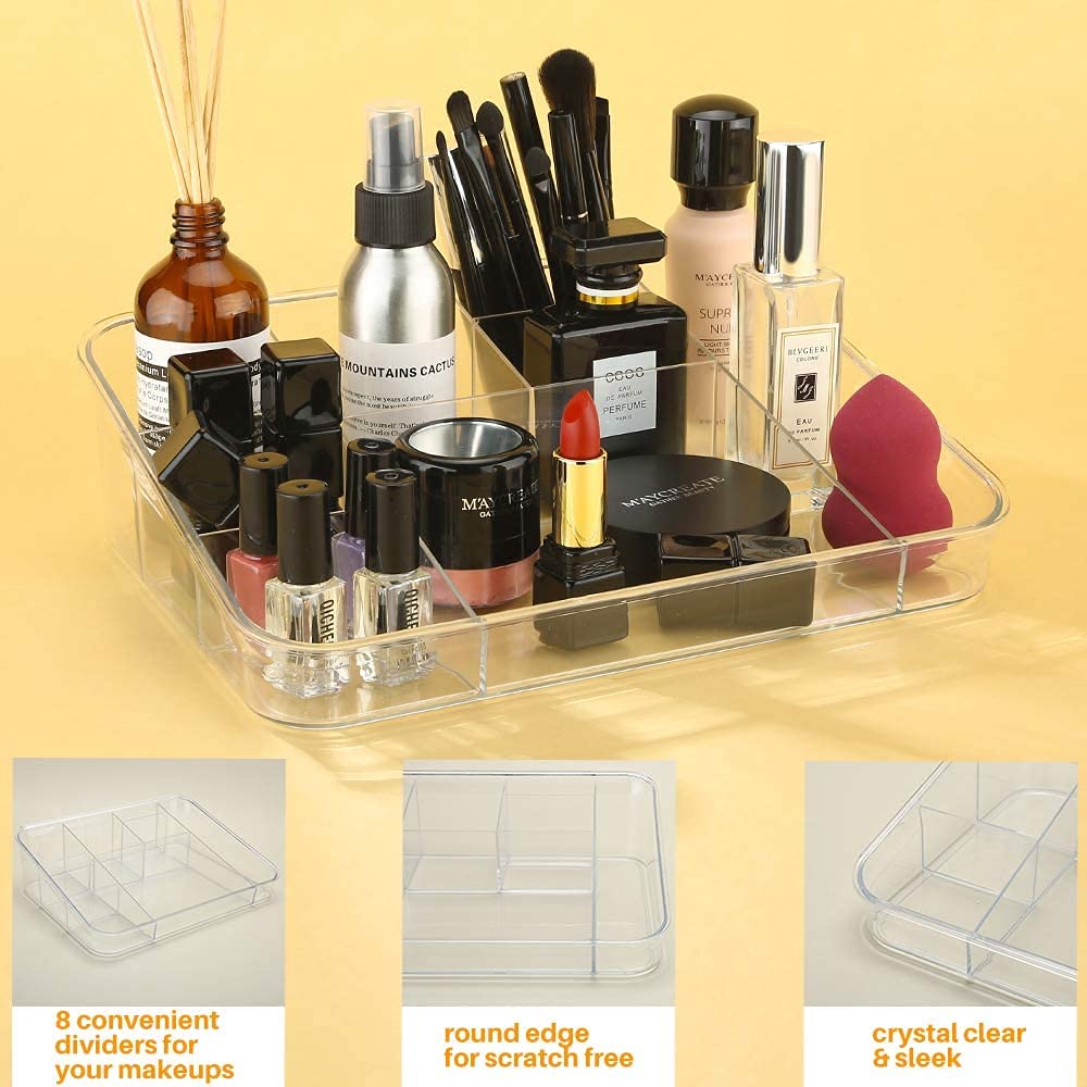 SUNFICON Makeup Tray Organizer Cosmetic Display Case Office Stationery Storage Holder Countertop Storage Unit Makeup Box for Bathroom Drawers,Vanities Office Desk,Washable Crystal Clear Acrylic