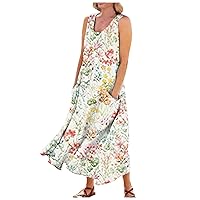 Womens Summer Cotton Linen Dresses Casual V Neck Short Sleeve Midi Dress Floral Embroidery Shirt Dress Plus Size S-5x Bohemian Sun Dress Maxi Dress(3-Beige,Medium)