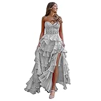 Lace Appliques Prom Dress Strapless Party Dress Tiered Ruffle Chiffon Formal Evening Dress with Slit BU089
