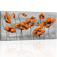 LoveHouse Poppy Flower Pictures Wall Art Large Orange Painting Prints Burnt Orange Floral Artwork Ready to Hang 24x48 inch