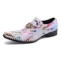Mens Genuine Leather Dress Loafers Formal Business Snaffle Floral Bit Comfortable Metallic Cap Slip On Party Shoes