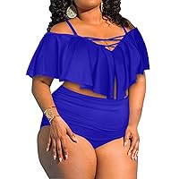 Aqua Eve Women's Plus Size 2 Piece Swimsuit Flounce Off Shoulder Bikini High Waisted Bathing Suits