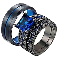 Couple Rings Black Gold Filled Princess cut Blue Cz Womens Wedding Ring Sets Man Tungsten Wedding Band