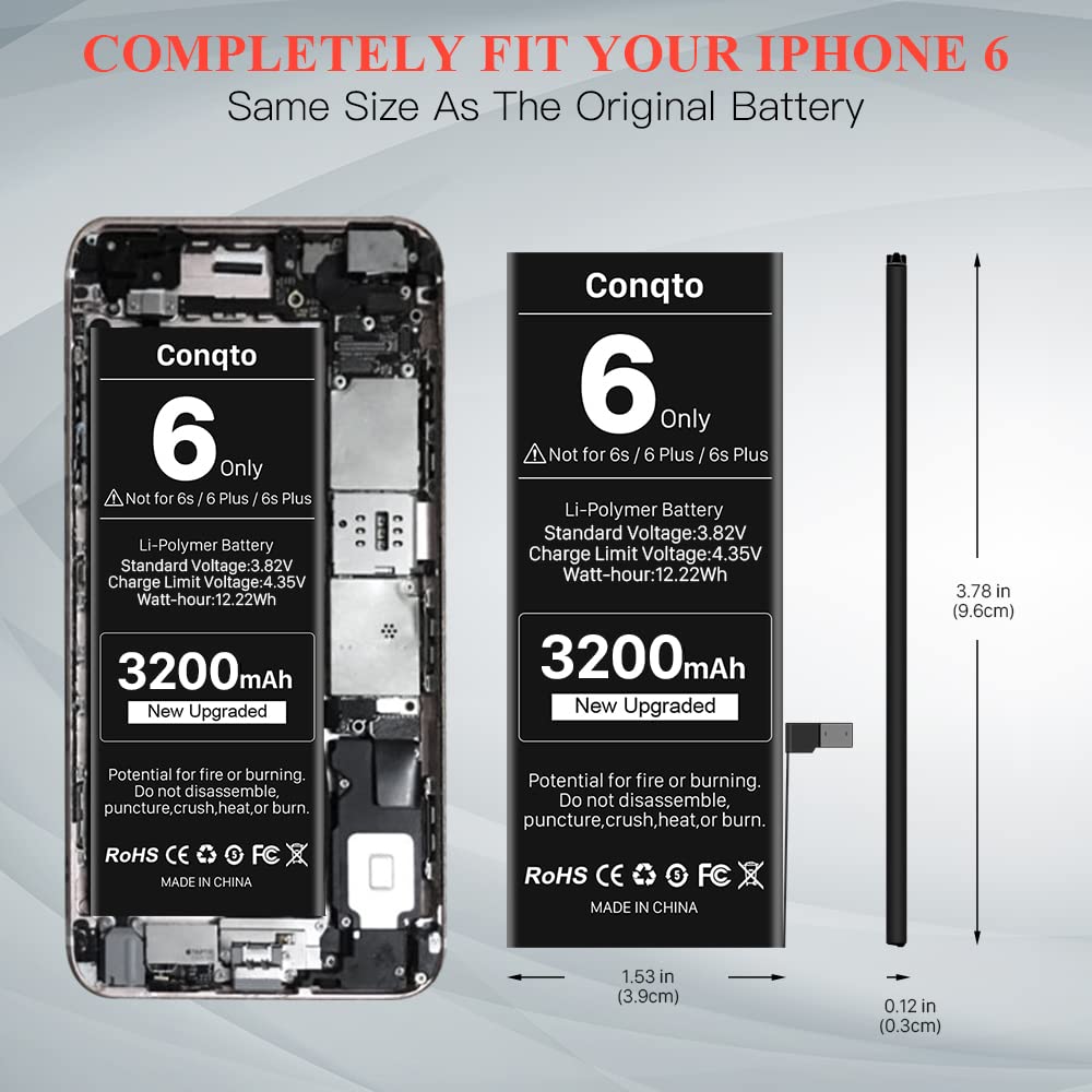 Conqto 3200mAh Upgraded Battery for iPhone 6, 2023 New Version Ultra-High Capacity 0 Cycle Replacement Battery for iPhone 6 A1586,A1589,A1549 with Professional Repair Tool Kits & Instructions