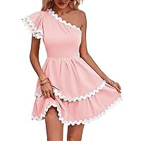 Fisoew Womens One Shoulder Mini Dress Short Ruffle Sleeve Contrast Color Tiered A Line Summer Dresses