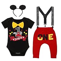 IMEKIS Baby Boy Mouse 1st Birthday Outfit Bowtie Romper + Suspenders + Long Pants + Headband Cake Smash Photo Shoot