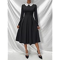 Women's Dress Dresses for Women Contrast Collar Fold Pleated Dress Dresses for Women (Color : Black, Size : Small)
