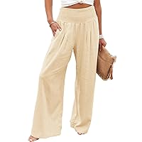 Vansha Women Summer High Waisted Cotton Linen Palazzo Pants Wide Leg Long Lounge Pant Trousers with Pocket