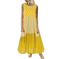 Stylish Patchwork Sleeveless Dress for Women Linen Polka Dots Casual Loose Flowy Long Maxi Sundress Palid Beach Dress