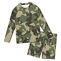Camouflage Army Green Boys Rash Guard Sets Bathing Suit Trunks and Rash Guard Shirt