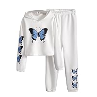 COZYEASE Girls' 2 Piece Outfits Butterfly Graphic Print Long Sleeve Hoodie Sweatshirt and Jogger Sweatpants