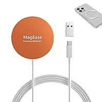 Magnetic Wireless Charger, 15W Wireless MagSafe Charger Compatible with iPhone 15/14/13/12 Series,AirPods,Samsung S24,Charging Pad with USB-C/A Cord&Mag-Safe Ring,5 ft Length (Tangerine)