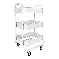 3-Tier Rolling Cart - Heavy Duty Metal Rolling Cart, Lockable Casters, Multifunctional Storage Shelves - Great for Kitchen, Office, Bathroom, Laundry Room (White)