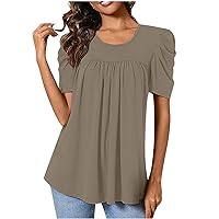 Women Tunic Top Summer Short Puff Sleeve Crew Neck T-Shirt Pleated Casual Blouse Loose Cute Tee Ladies Dressy Tshirts