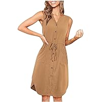 Casual Tank Dress for Women Summer V Neck Sleeveless Button Down Dress Tie Waist Side Split Midi Dress with Pockets