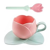 Cute Pink Tulip Coffee Mug with Saucer and Spoon, Ceramic Cappuccino Flower Tea Cup Taza De Tulipan for Women (10 oz)