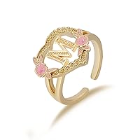 Qitian Gold Initial Ring Heart Adjustable Rings Fashion Hip Hop Jewelry Gold Letter A-Z Name Alphabet Rings for Women Girls Gift