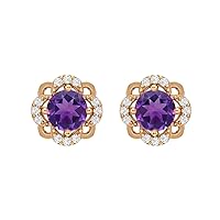 925 Sterling Silver 5mm Round Amethyst Flower Halo Stud Earrings For Women With Push Back
