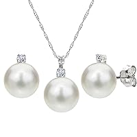 Amazon Collection Sterling Silver Cubic Zirconia 7-8mm Freshwater Cultured Pearl Stud Earrings and Pendant Necklace Jewelry Set