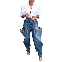 Womens Fashion Sexy High Waist Hollow Stretch Denim Pants Trousers Loose Casual Jeans