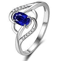 Saint Valentine's Day Women's Solid 14K White Gold Natural Oval Sapphire Gemstone Diamond Promise Wedding Ring