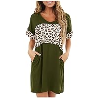 Womens Leopard Short Sleeve V Neck Loose Comfy Casual Leisure Pockets Shirts Dress