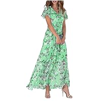 Chiffon Floral Short Sleeve Ruffled V-Neck Fashion Slim Fit Waist Maxi Dress,Dresses for Women 2024