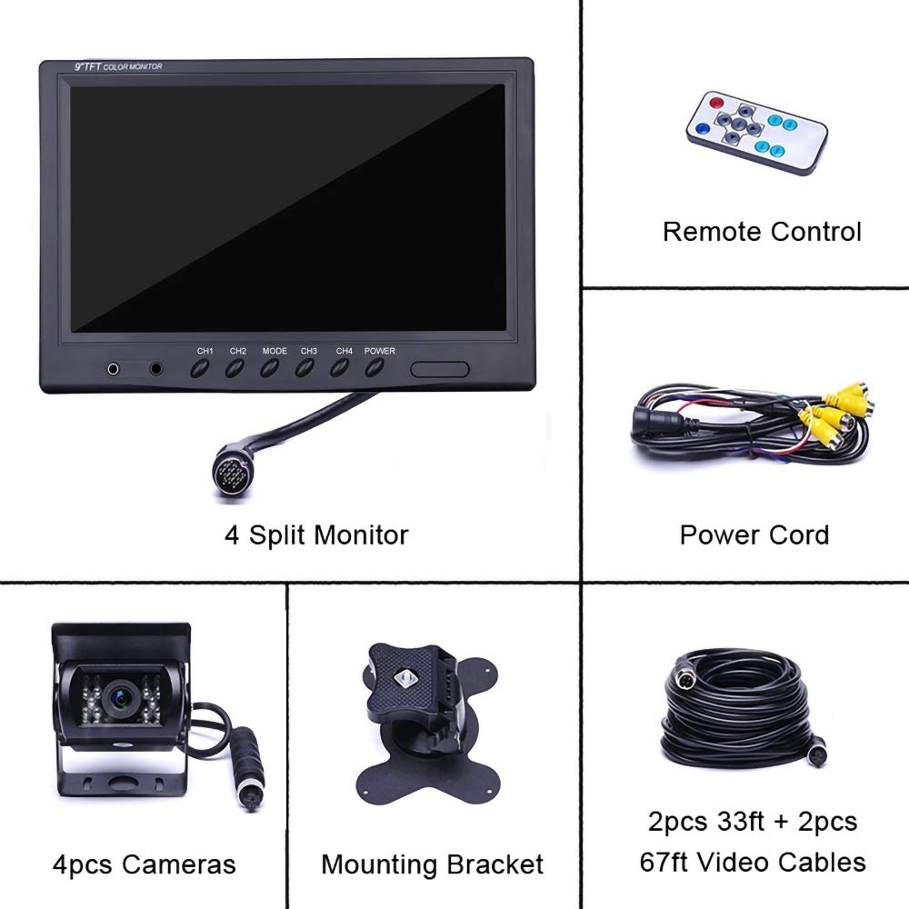 Vehicle Backup Camera Camecho 9 Inch 4 Split Monitor+ 4 Cameras with Front & Rear View Camera 18 IR Night Vision Waterproof Auto Camera with 2x33 ft and 2x65 ft Cables for RV, Trailer, Bus,Trucks