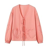 Women Lace-Up Tie Front Shirts Y2K Summer Long Sleeve V Neck Blouse Fashion Patchwork Love Heart Dressy Casual Tops