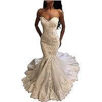 Women's Bridal Ball Gowns with Church Train Strapless Lace Beach Mermaid Wedding Dresses for Bride 2022