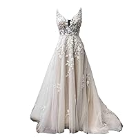 2024 V Neck Beach Wedding Dresses Bridal Gowns for Women Bride See Through Empire Waist A line Tulle Flowers Lace