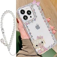 Bling Glitter Sparkling Diamond Rhinestone Phone Case for iPhone 15 14 13 12 11 Pro Max Plus Mini Cute Cat Bumper Silicone Shell with Lanyard for Girls (Clear, for iPhone 15 Plus)