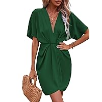 Womens 2024 Summer Dresses V Neck Solid Wrap Ruched Front Batwing Sleeve Dress