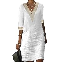 Cotton Linen Dress for Women Summer V Neck Lace Crochet Midi Dress Casual Half Sleeve Shift Dress