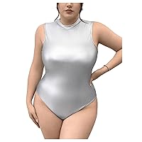 MakeMeChic Women's Plus Size Faux Leather Mock Neck Sleeveless Bodysuit Tank Top