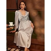 Dresses for Women Women's Dress Drape Neck Puff Sleeve Belted Satin Dress Dresses (Color : Gray, Size : Small)