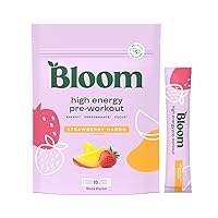 Bloom Nutrition High Energy Pre Workout Powder for Women - Natural Caffeine Powder from Green Tea Extract, w/Beta Alanine, Ginseng & L Tyrosine, Sugar Free & Keto Stick Packs (Strawberry Mango)