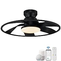 22” Smart Low Profile Ceiling Fans with Lights Remote,Quiet DC Motor,Bladeless Flush Mount Ceiling Fan Controlled by WiFi Alexa App,Modern Black for Small Indoor Bedroom Outdoor Patio
