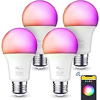 Smart Light Bulbs 4 Pack, 2.4GHz Music Sync Color Changing Light Bulb, Works with Alexa Google Home, A19 E26 Dimmable LED Light Bulb 9W 800Lumen for Party Decoration, Smart Home, Multicolor